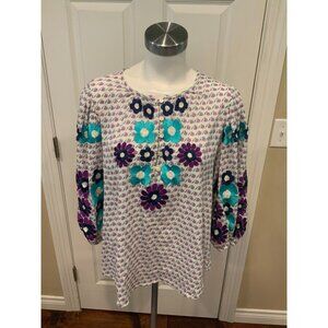 Antik Batik White Purple Blue Floral Embroidered Puff Sleeve Top, Size M / 40